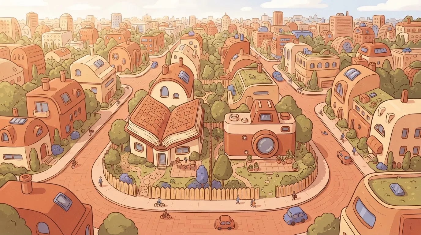 A top-down view of a neighborhood map where a house shaped like an open book and a house shaped like a camera share a…
