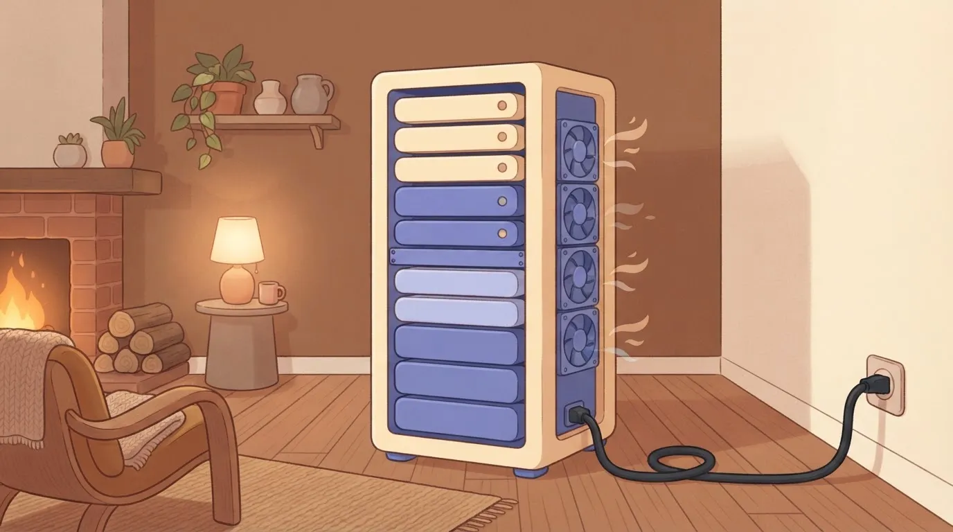 A server rack standing in a room, with cooling fans visible on the side and a power cable plugged into a wall outlet…