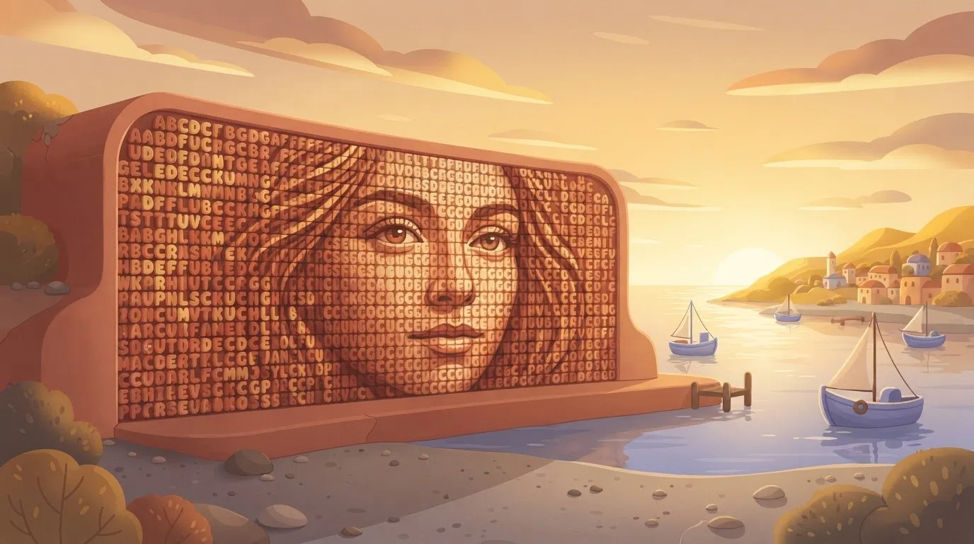 A large, detailed mosaic of a face where each individual tile is an identical, perfectly printed three-dimensional letter…
