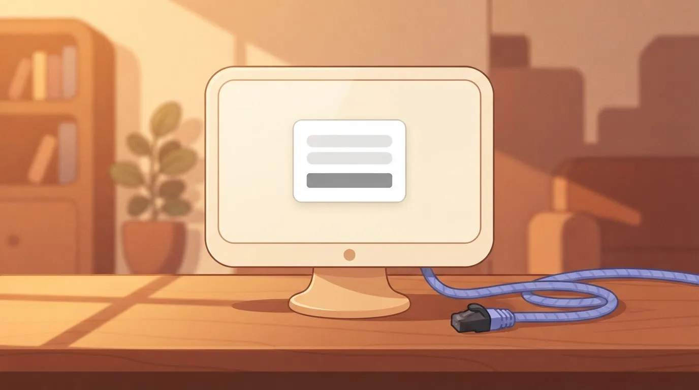 A computer monitor displays a simple login box with a single button.