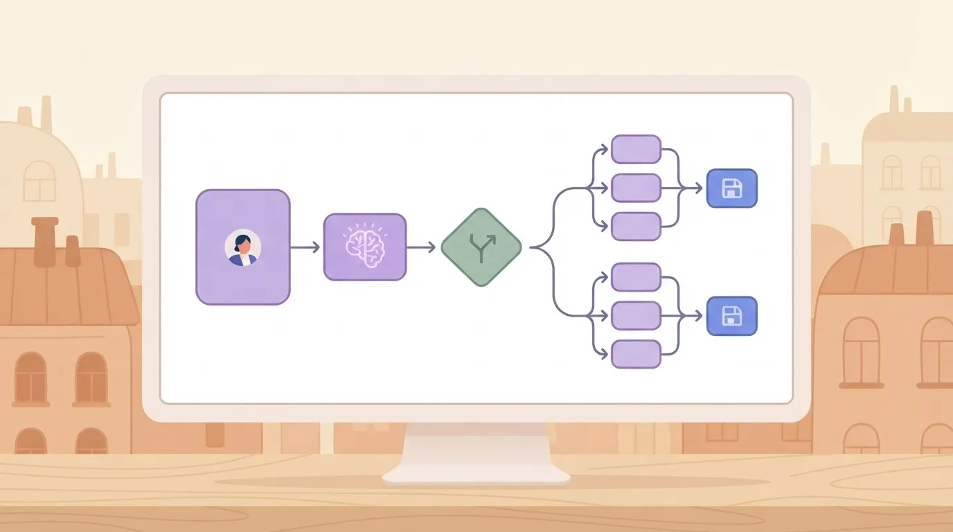 Flow canvas with CRM lead, AI step, and a split condition