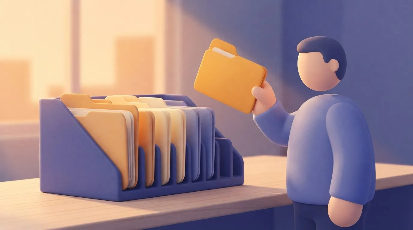 A person tries to place a new, eleventh folder into a desktop organizer that only has ten slots; the new folder is being…