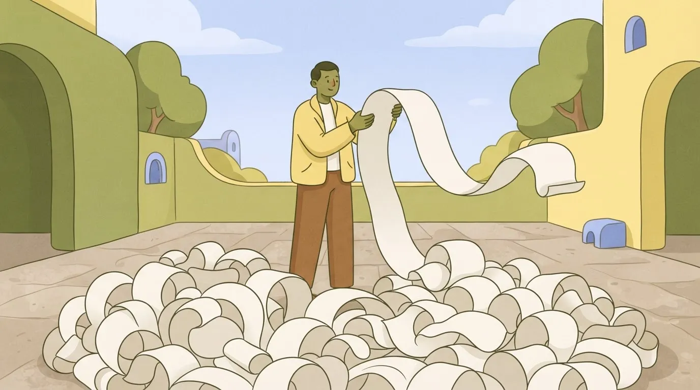 A single, extraordinarily long scroll of paper that a person is holding at chest height, with the bottom of the scroll…