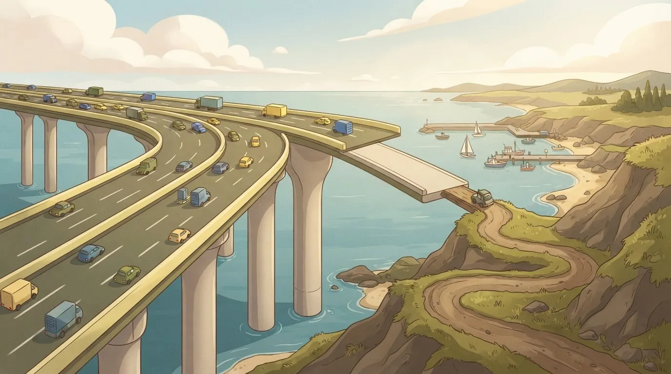 A wide, multi-lane highway bridge that suddenly narrows down to a single, winding dirt path, illustrating the transition…