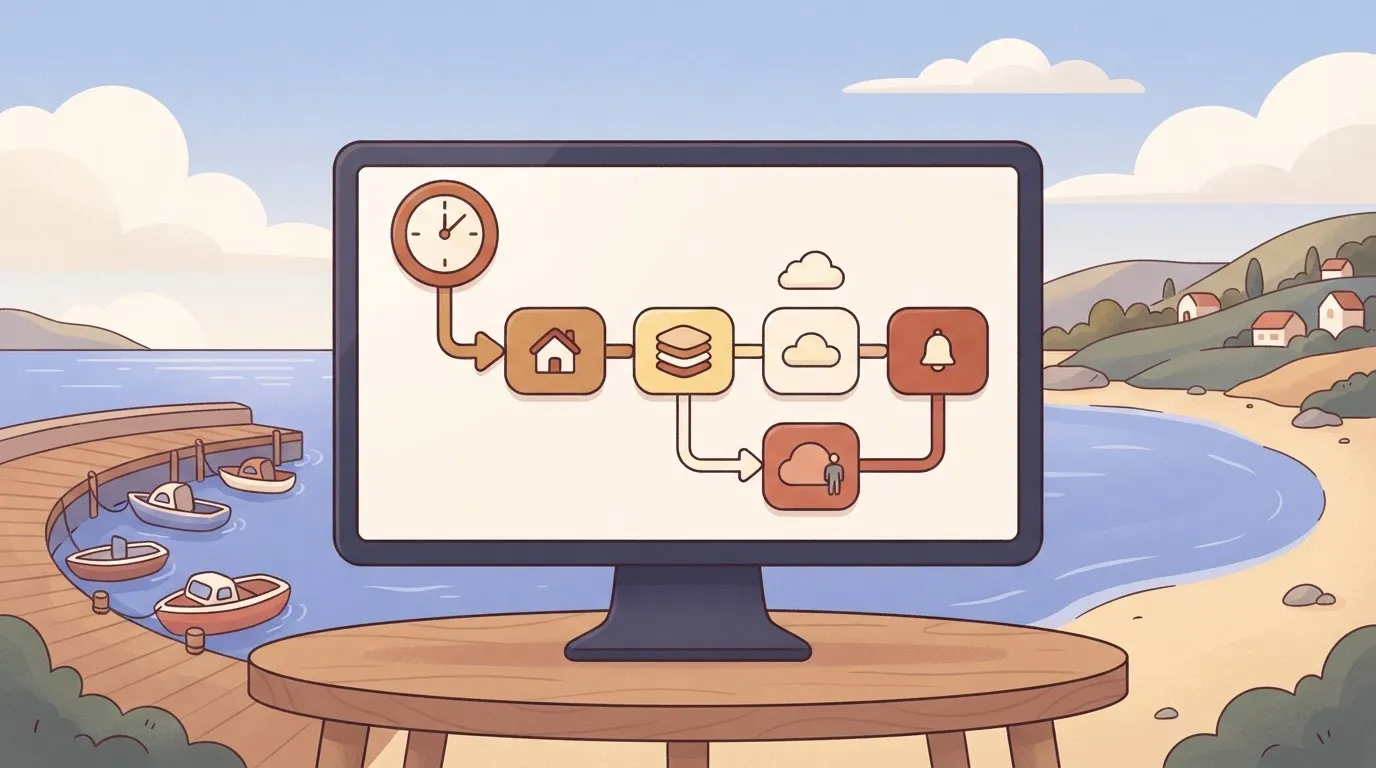 A computer screen displays a visual flow builder with a series of connected boxes and a clock icon representing a scheduled…