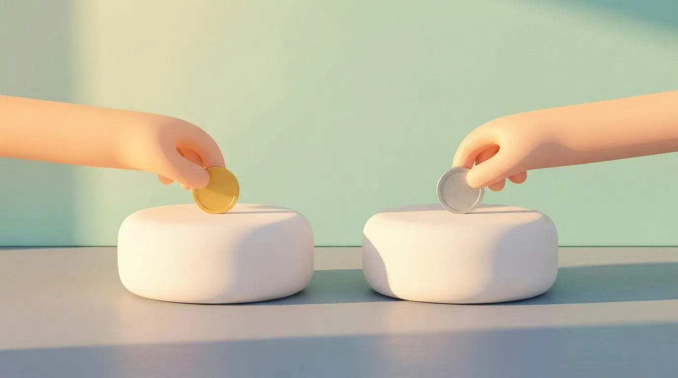 Two identical pedestals standing side-by-side; on one, a hand places a gold coin, while on the other, a different hand…
