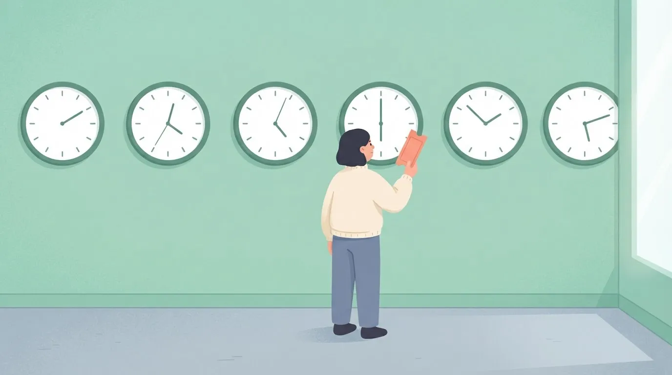 A row of several wall clocks, all showing different times, with a person standing before them holding a single ticket…