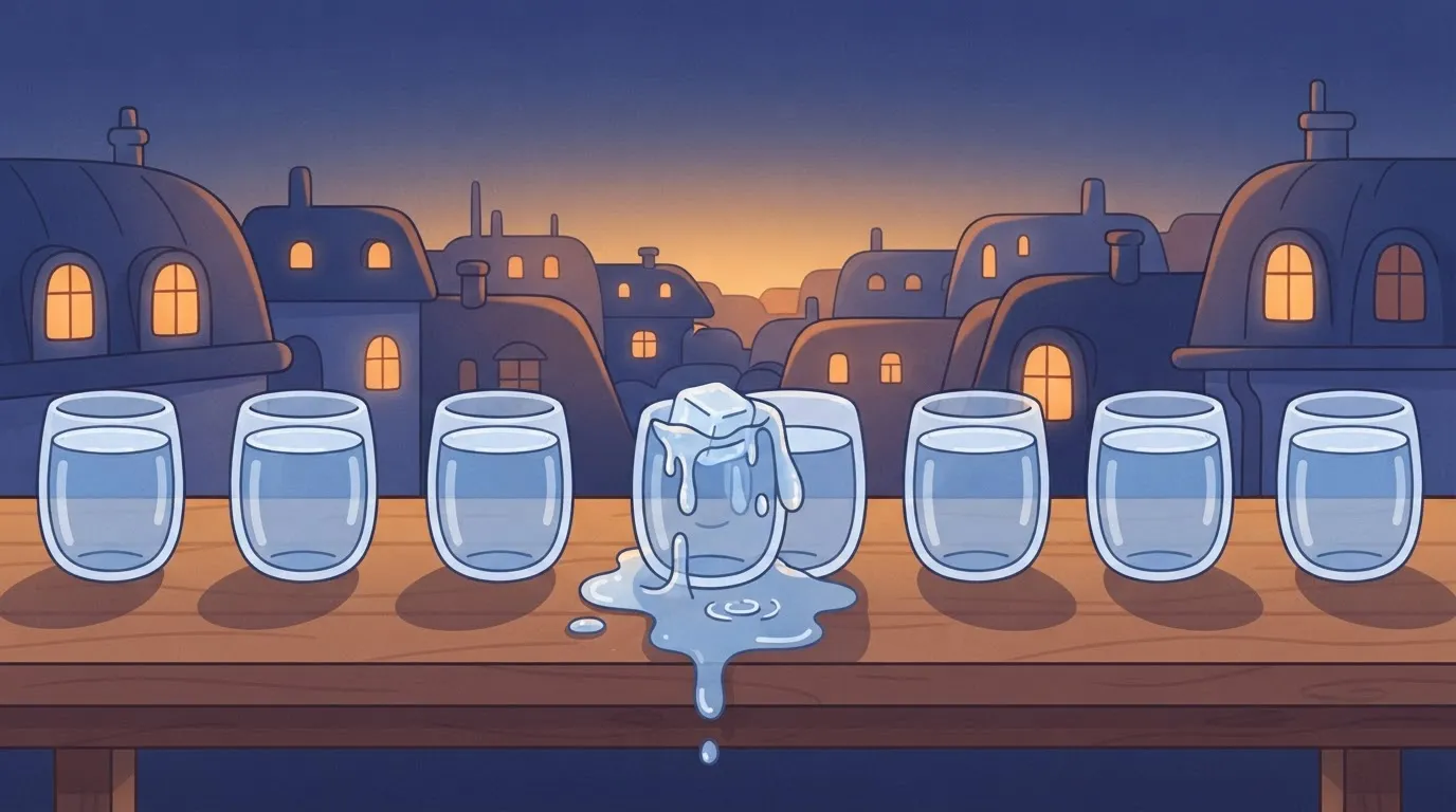 A row of several identical glasses filled with water to the brim, except for one glass where a single additional ice cube…