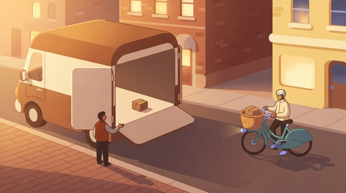 One small box in a huge truck beside a bicycle courier