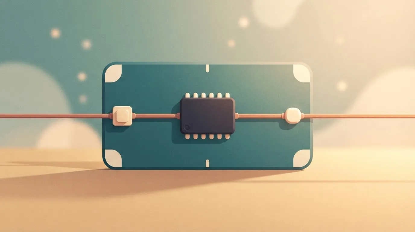 A flat circuit board with a small rectangular middleware chip mounted in the center, connected by two straight copper lines…