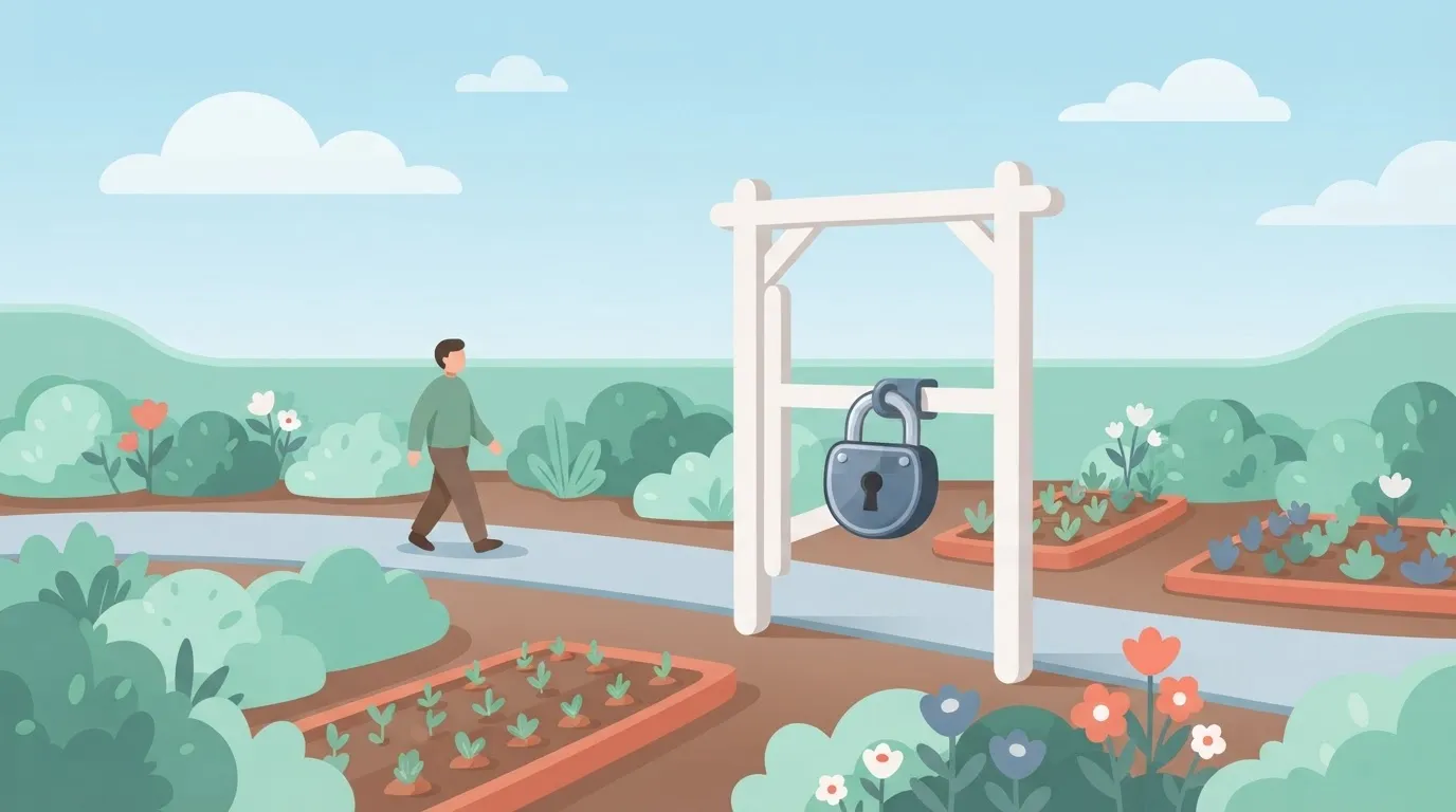 Paragraph 10: A heavy metal padlock hanging on a gate, but the gate itself is just a frame with no fence attached, allowing…