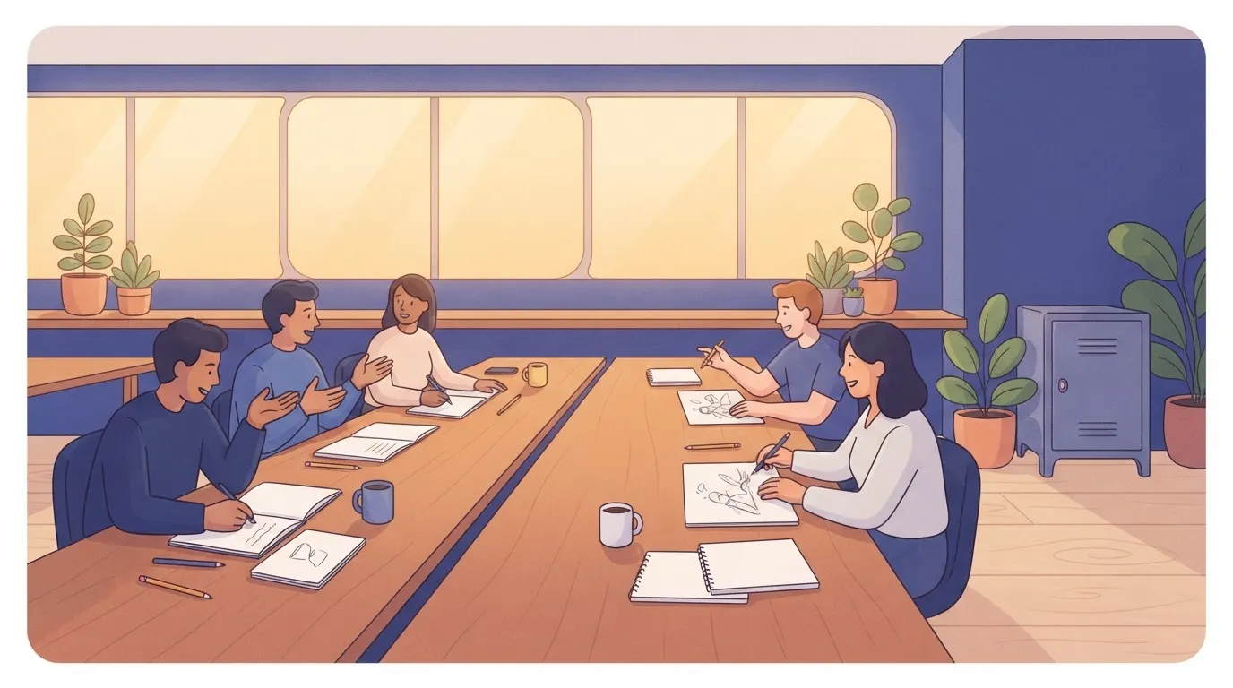 A large, open communal table where people are busy writing and talking, while a small, closed storage locker stands…