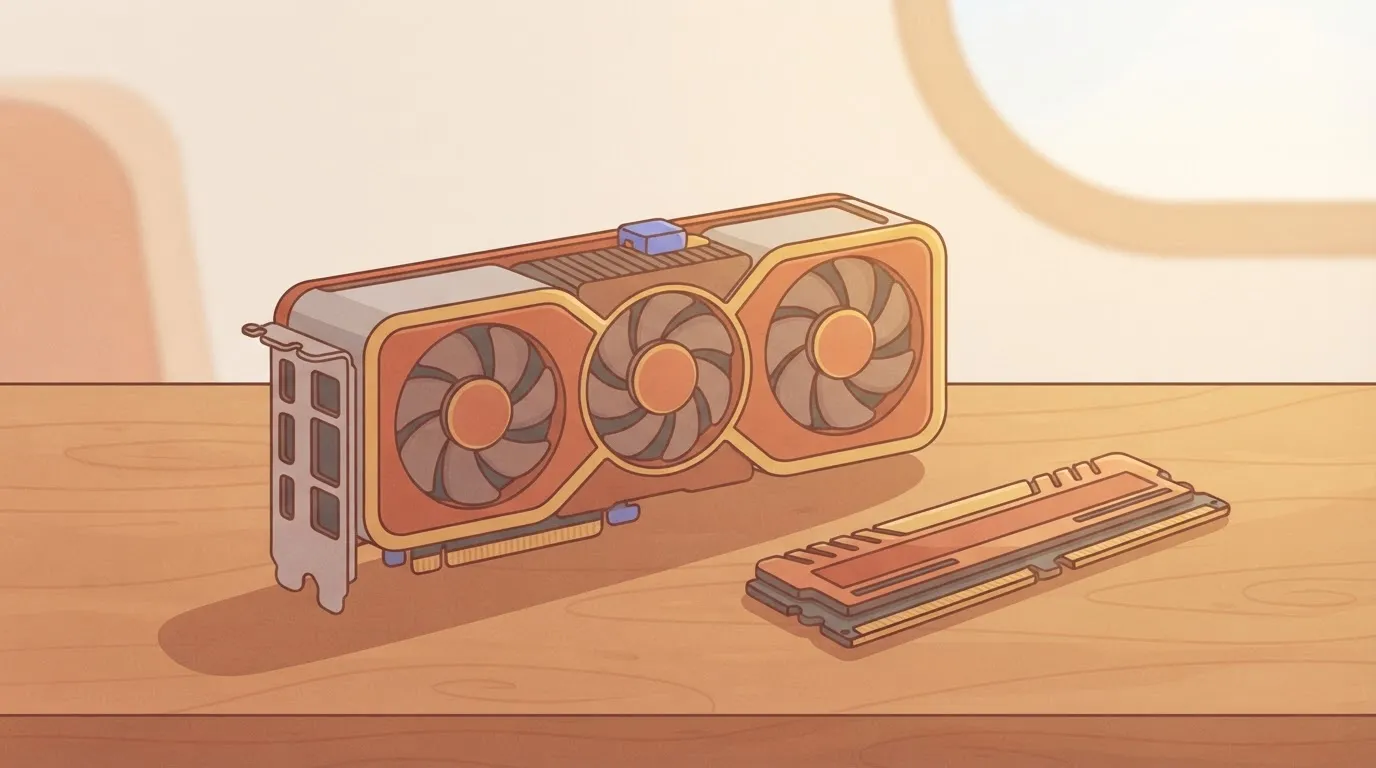 A single NVIDIA RTX 4090 graphics card with its triple-fan cooling shroud sits on a clean wooden desk next to a rectangular…