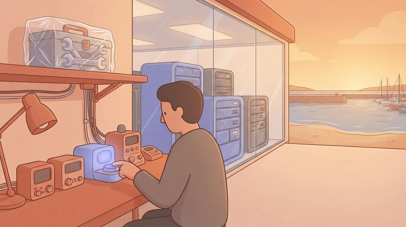 A tidy desk where one person switches on a row of ready-made toy-like machines, while a sealed server room hums behind glass.