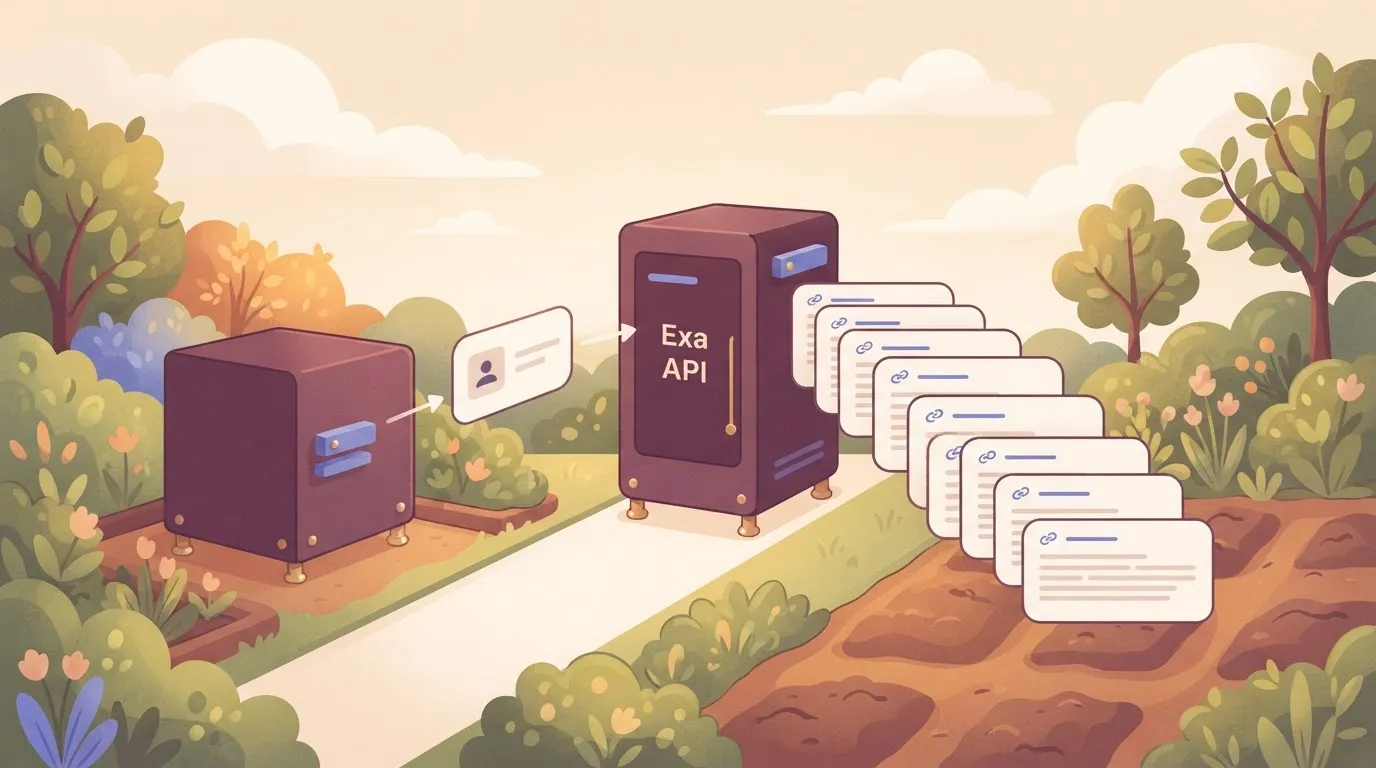 Query card going to a search API, result cards with links and page text returning