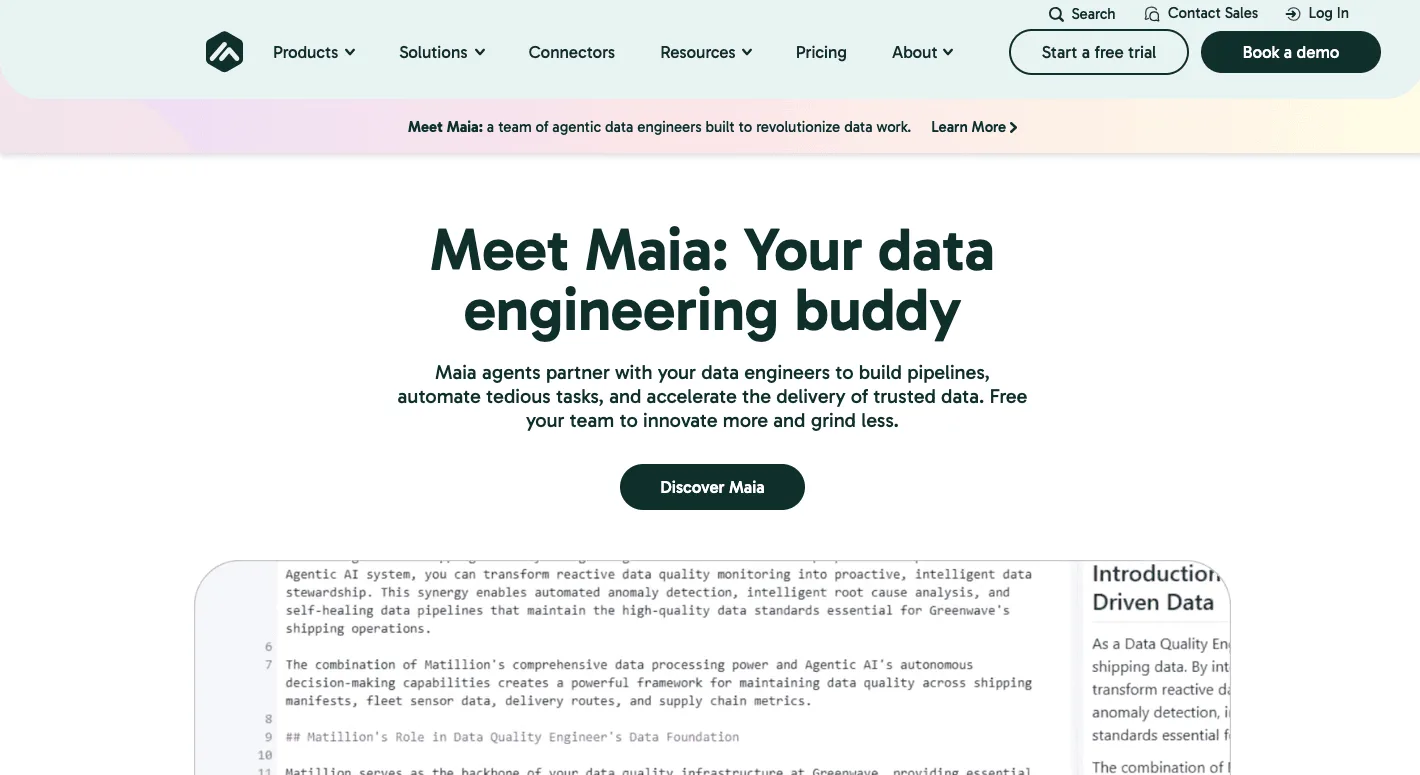 Activepieces homepage featuring Maia, an agentic data engineering assistant, with navigation menu and promotional content…