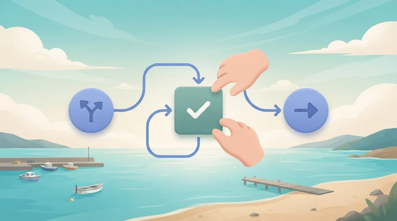 A large digital canvas containing a flowchart where a square Approval block is being positioned between two circular icons.