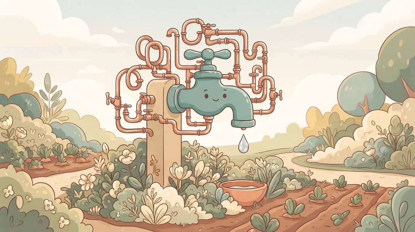 A faucet with a complex system of dozens of small, winding copper pipes and valves leading into its top just to produce a…
