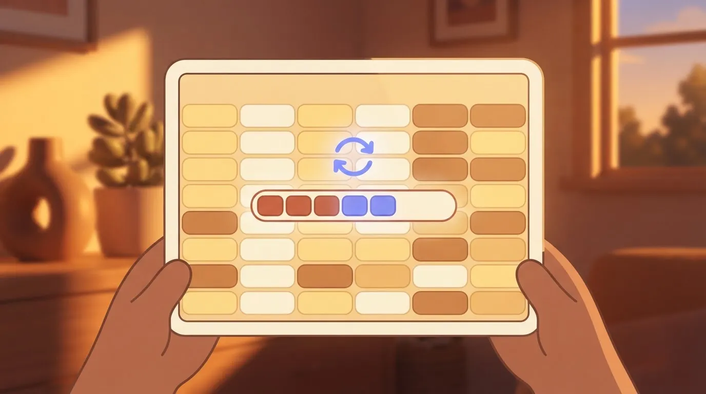 A single spreadsheet page on a screen with a progress bar in the center showing a sync operation in progress.