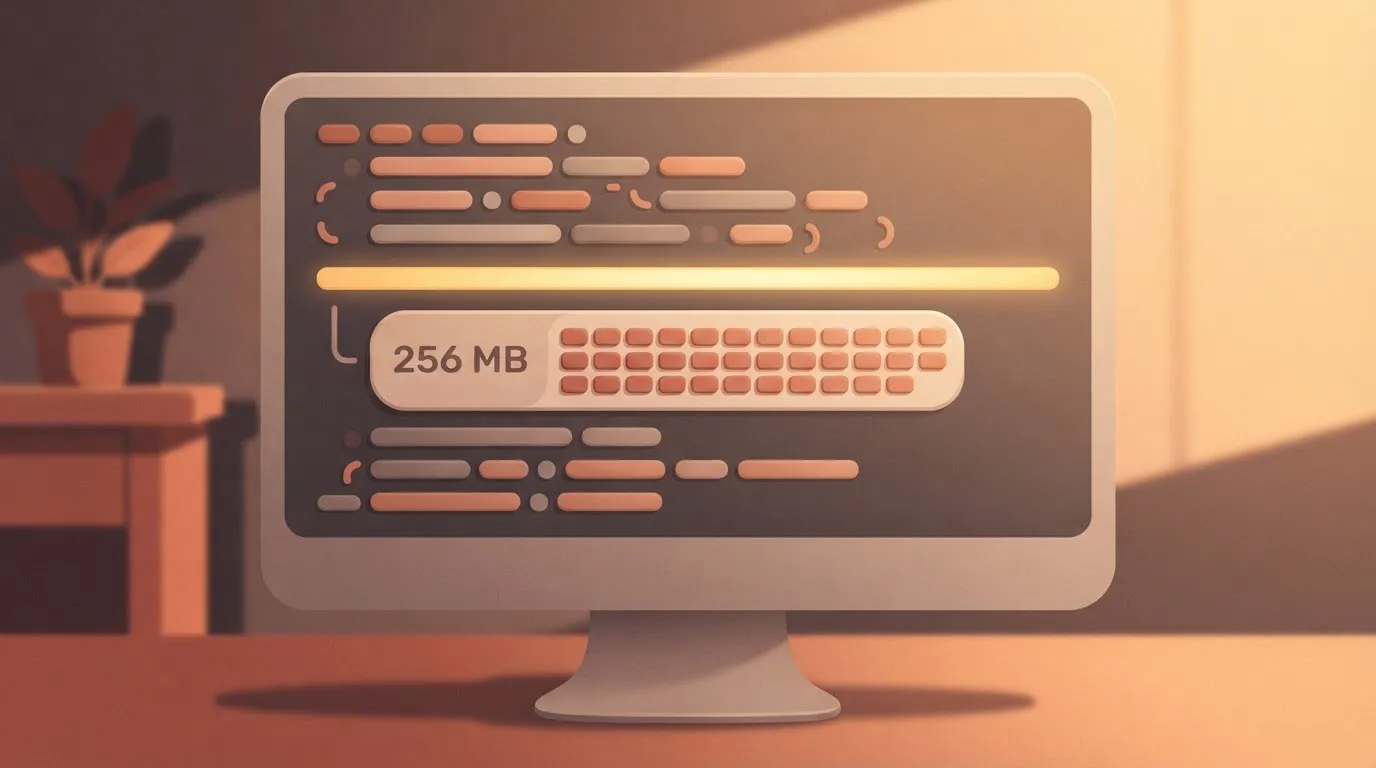 A computer screen displays a server-level variable configuration file with a highlighted line for a 256 MB memory limit.