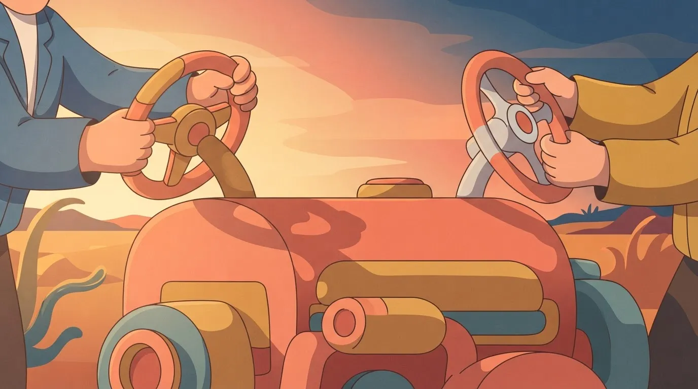 A single large engine block with two different steering wheels sprouting from it, each being turned by a different pair of…