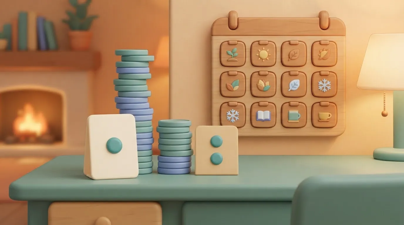 Tall and short coin stacks beside two plan cards and a calendar