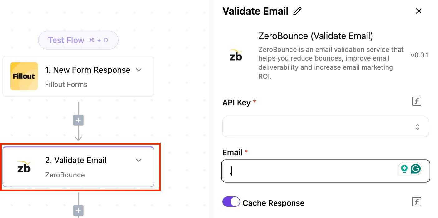 Activepieces workflow showing a form response trigger connected to an email validation step with configuration panel open.