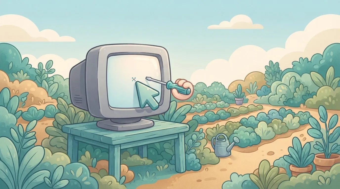 A computer cursor hovering over an old, bulky grey monitor with a thick bezel.