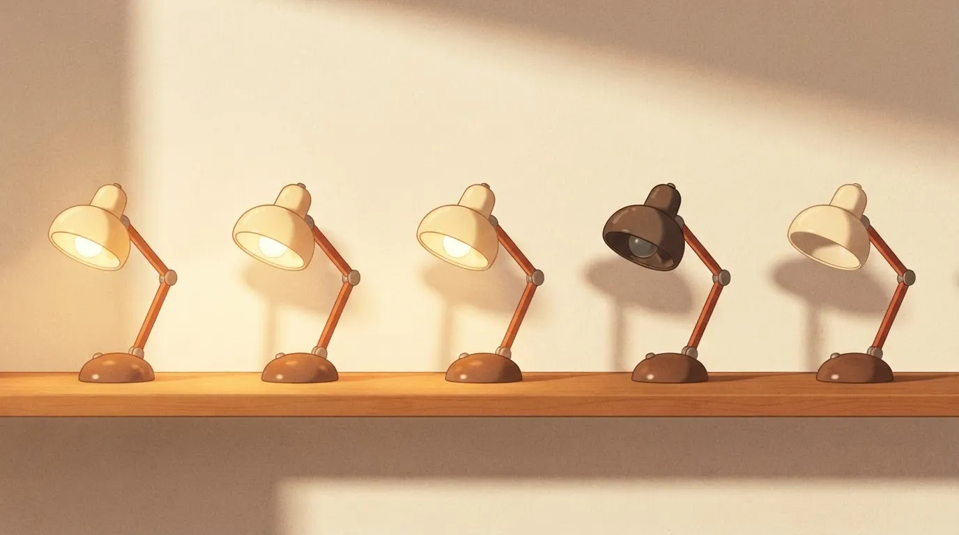 A row of identical lit desk lamps on a shelf, with one lamp quietly switched off, its bulb dark, and nobody in the room…