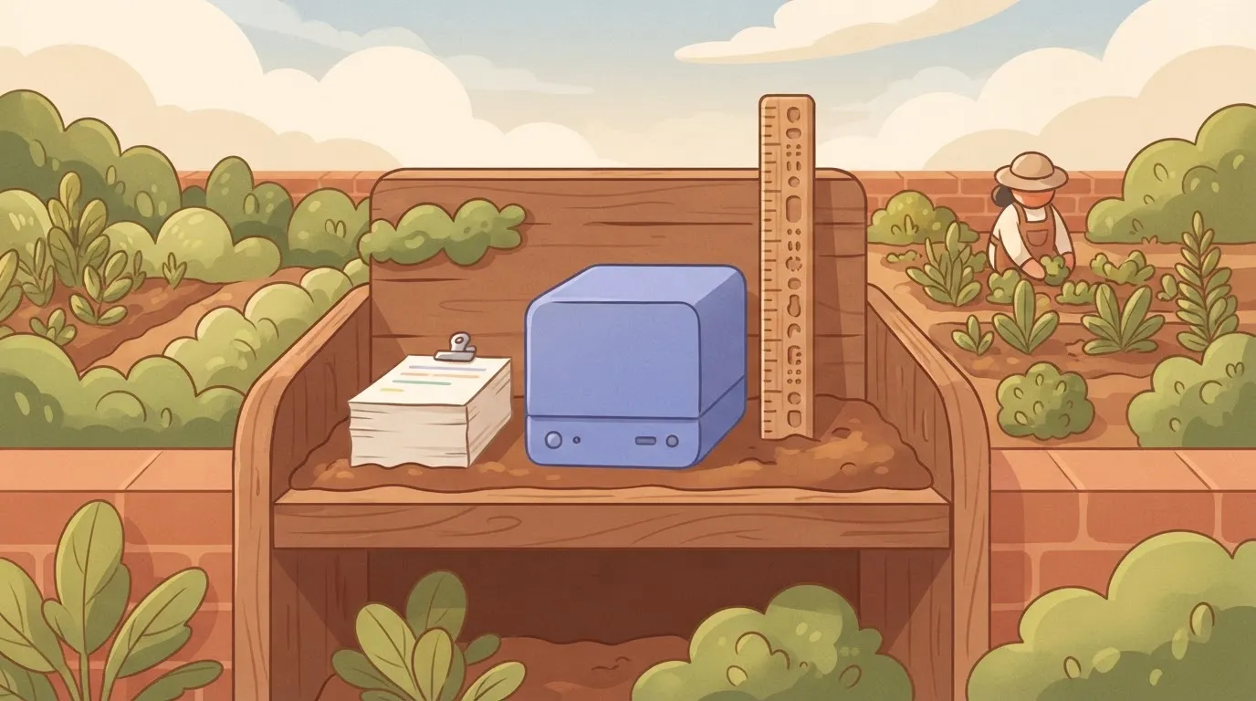 Server machine with Docker Compose sheets beside it