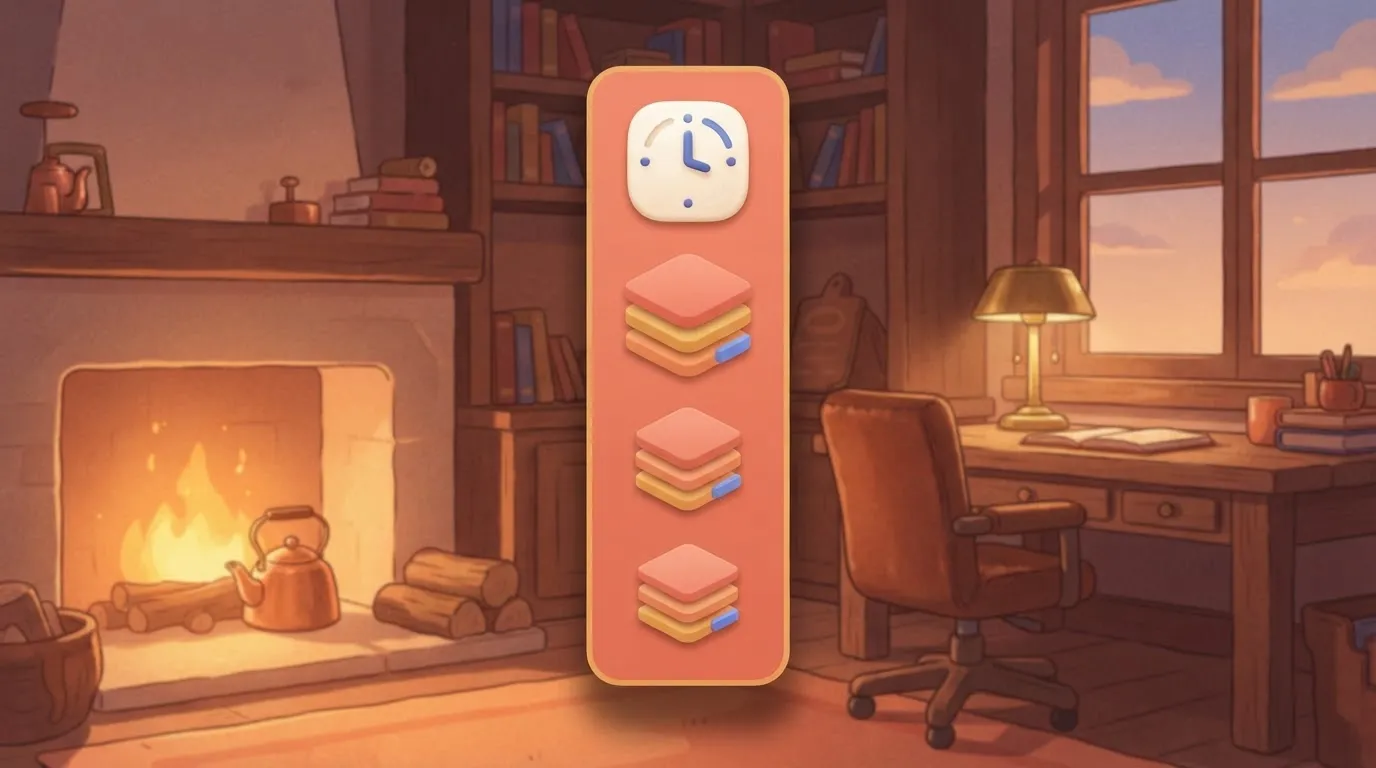 A vertical sidebar panel labeled with a clock icon, showing a list of three rectangular stack icons representing the…