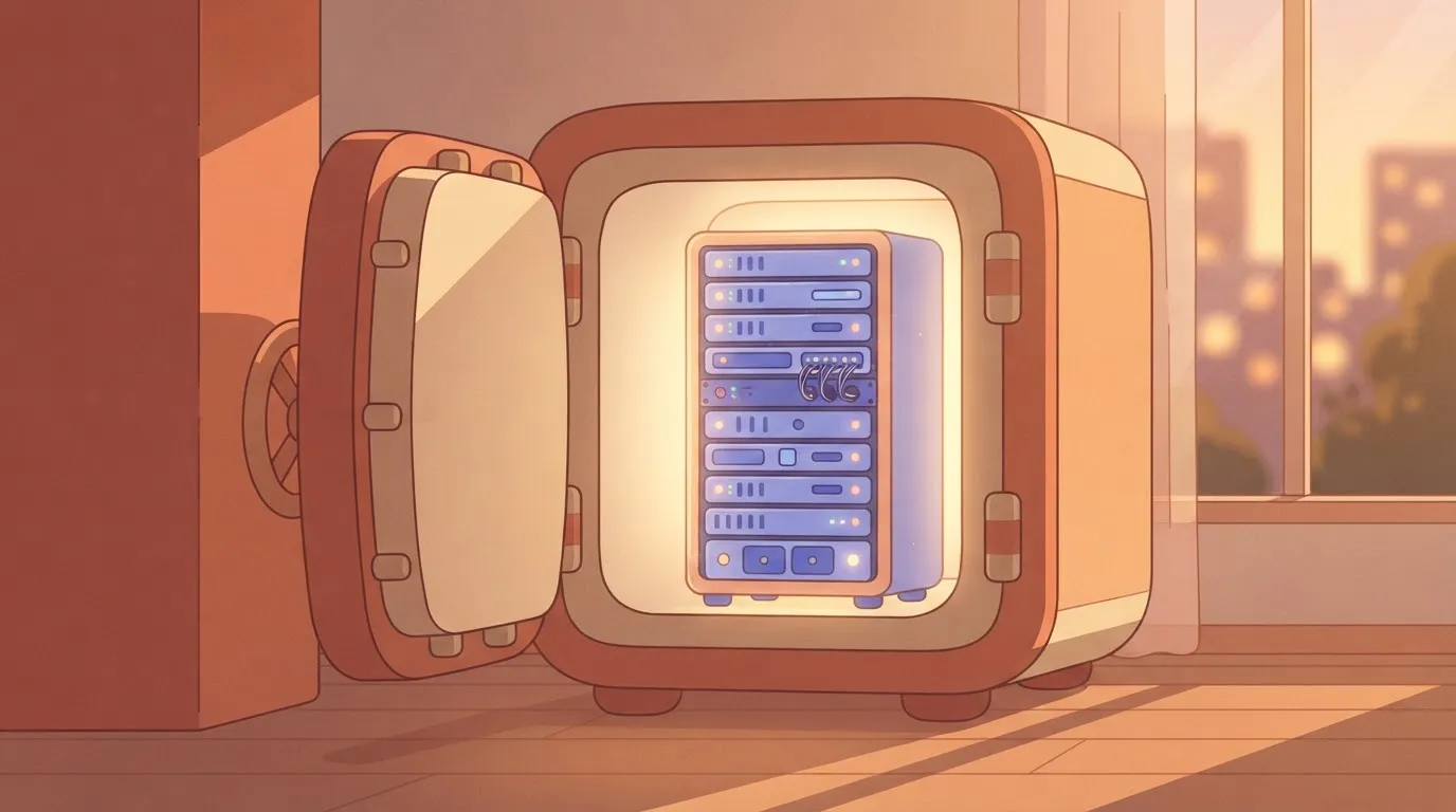 A large, heavy safe with its door wide open, revealing a glowing computer server rack bolted securely inside the back of…