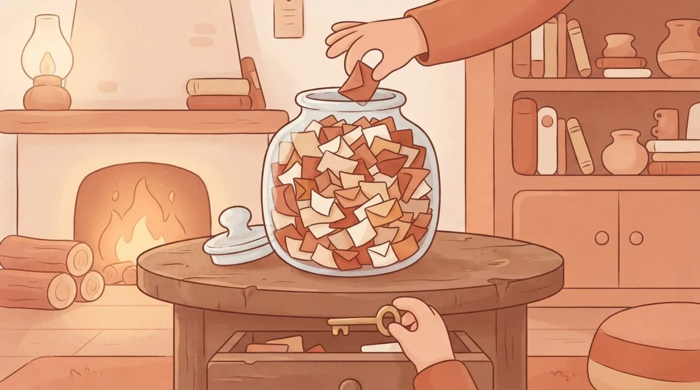 A large glass jar filled to the very brim with small folded papers; one hand is trying to push a new paper in at the top…