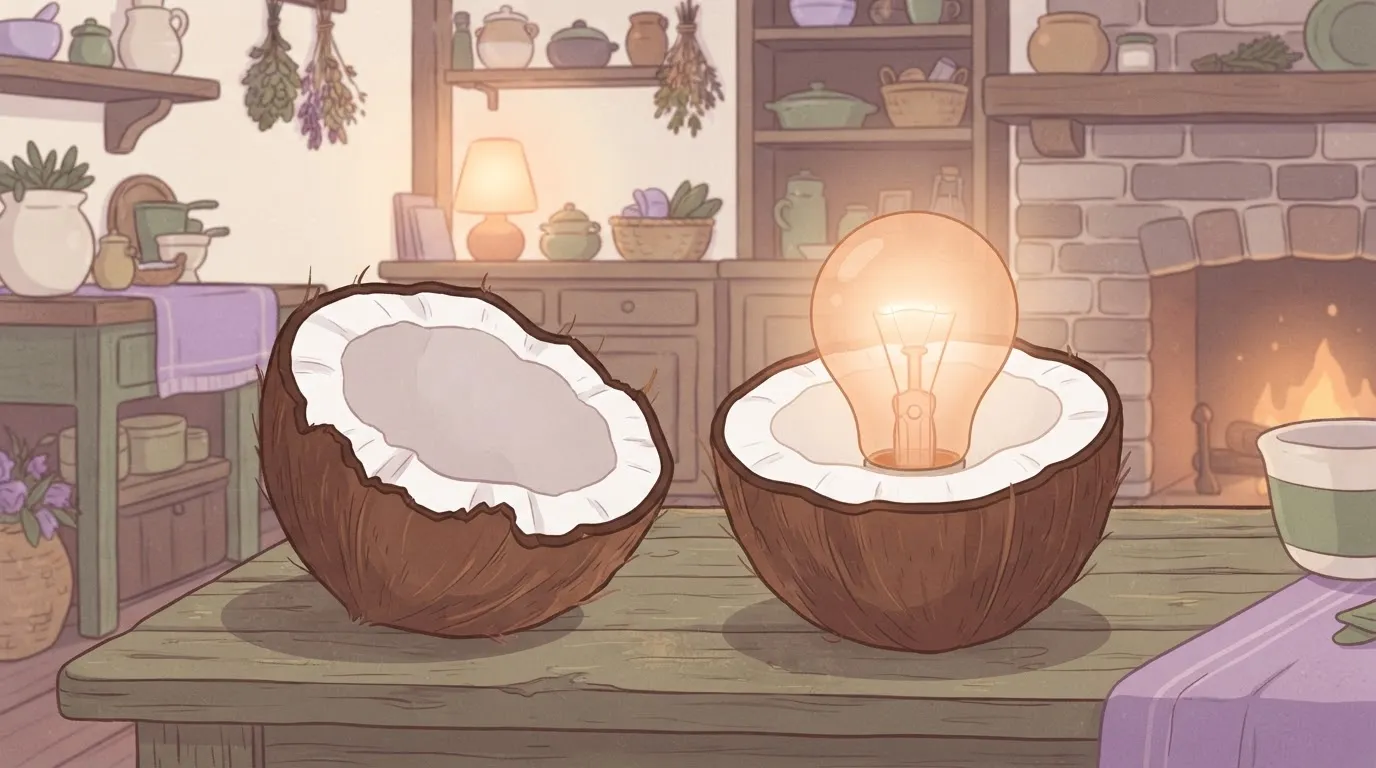 A large, heavy coconut that has been sliced cleanly in half.