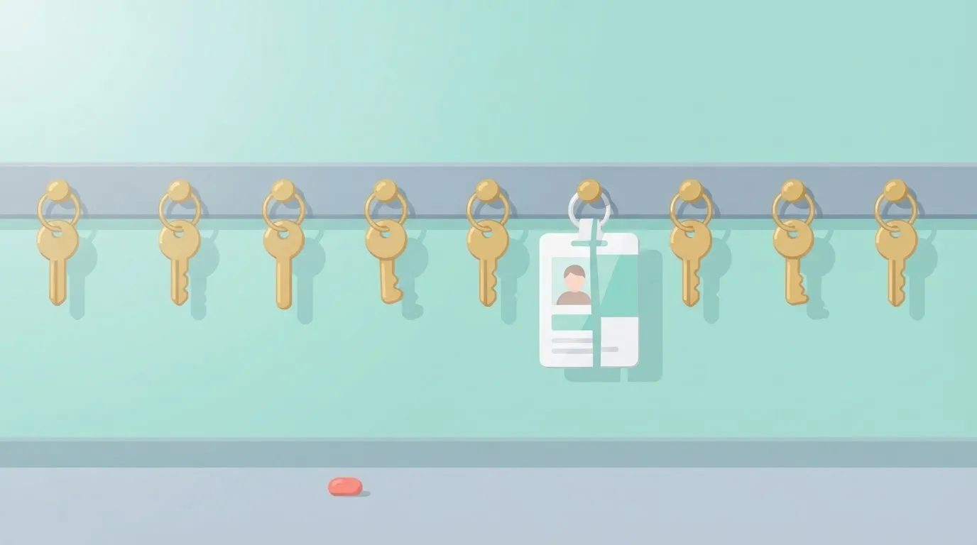 A row of wall-mounted key hooks where every hook holds a brass key except for one, which holds a plastic ID badge that has…