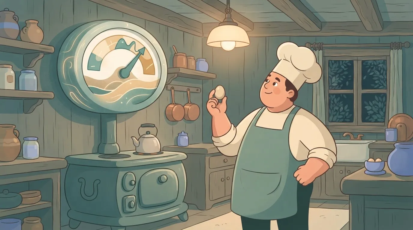 A chef stands in a kitchen, holding a single egg and looking at a large wall-mounted meter that shows a fluctuating price…