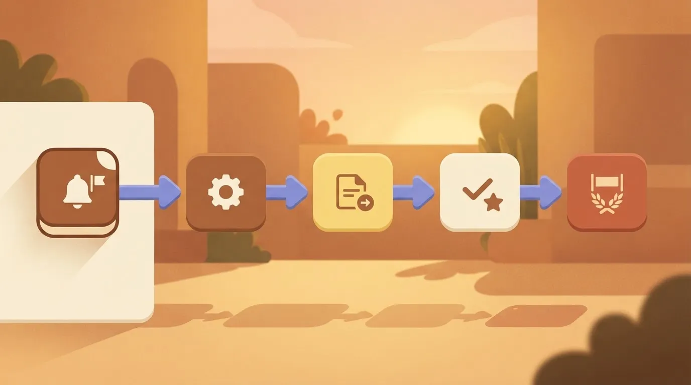 A Flow Builder canvas drawn as boxes joined by arrows: a trigger box at the left starting a flow, leading through a few…