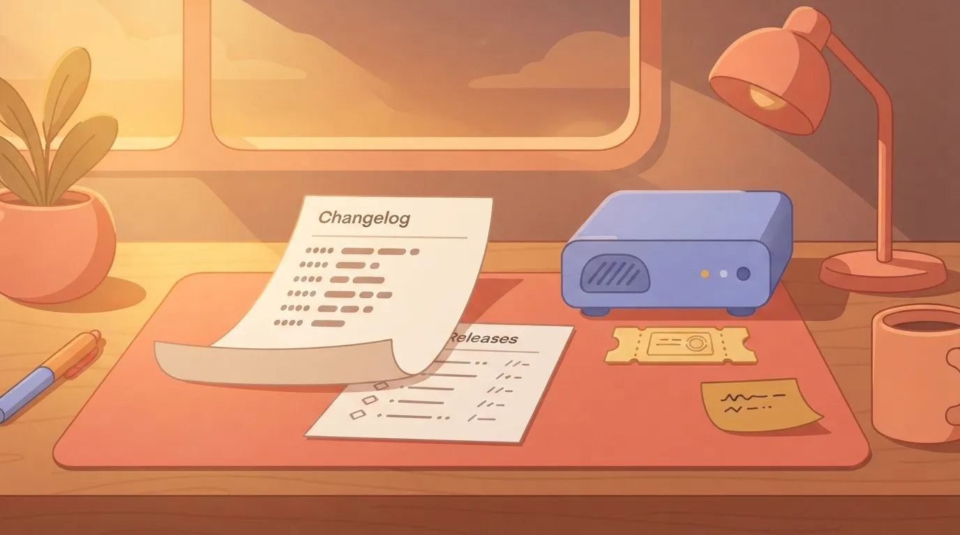 Changelog, releases page and version note beside a server and ticket