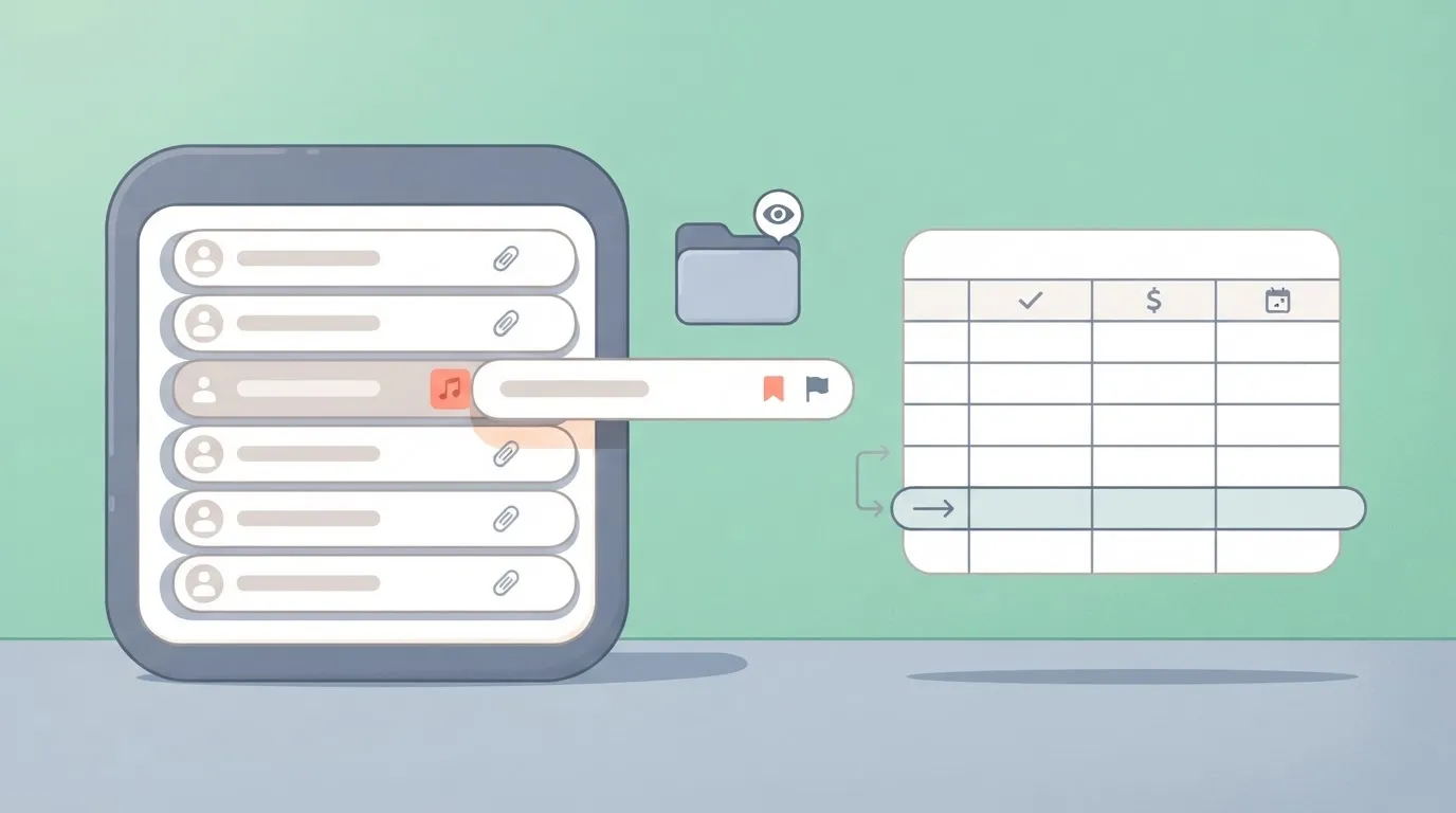 Shared inbox with a flagged invoice email set aside and a spreadsheet row added