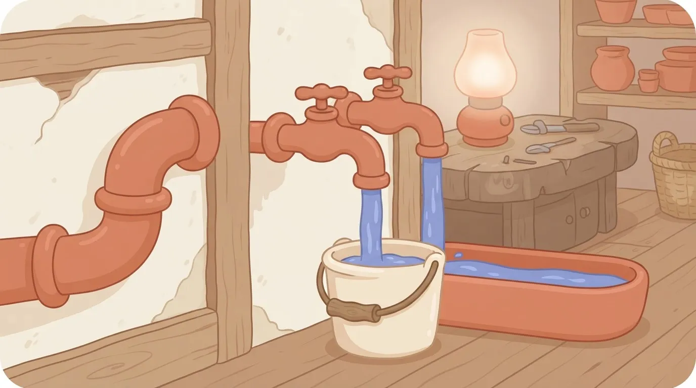 A single water pipe entering a wall and emerging on the other side as two identical faucets pouring into a bucket and a…