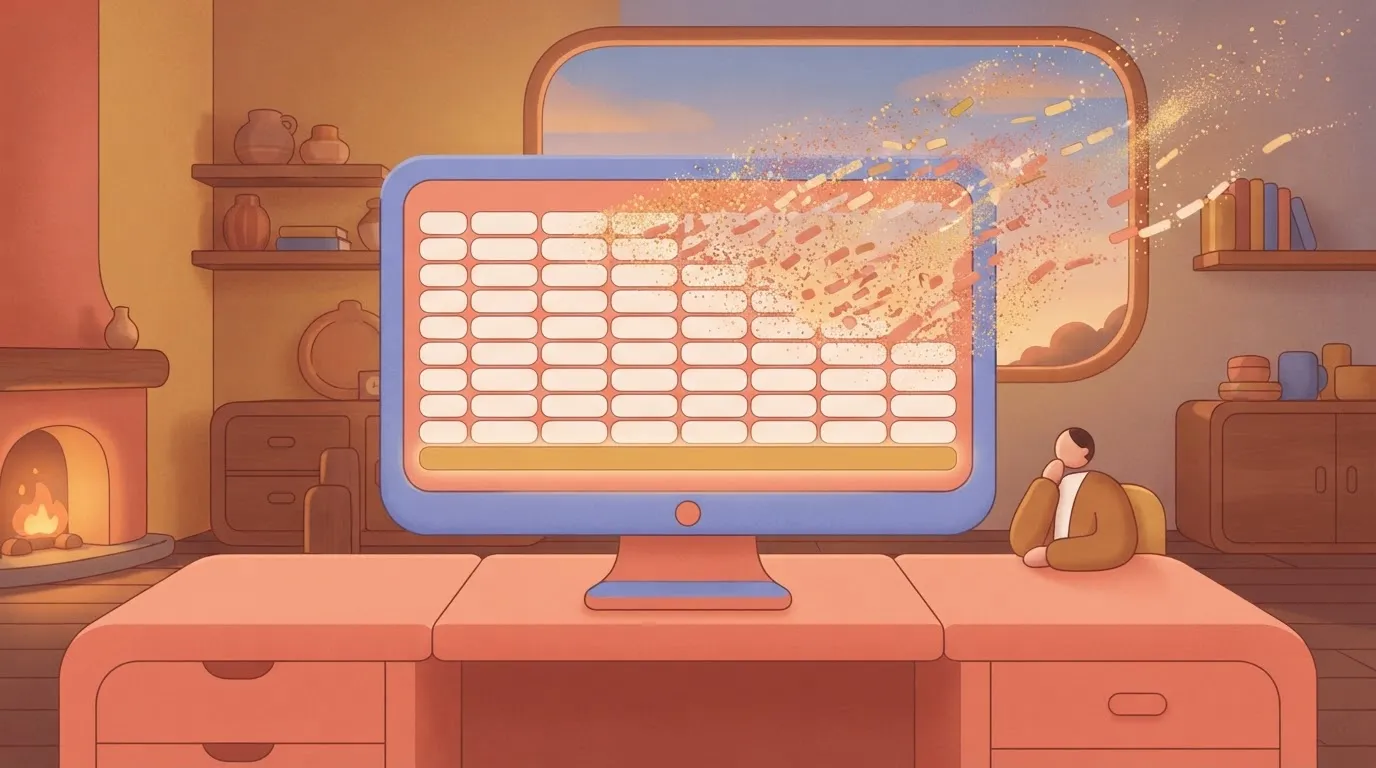 A single new row appearing at the bottom of a spreadsheet, while the rows above it are slowly turning into dust and blowing…