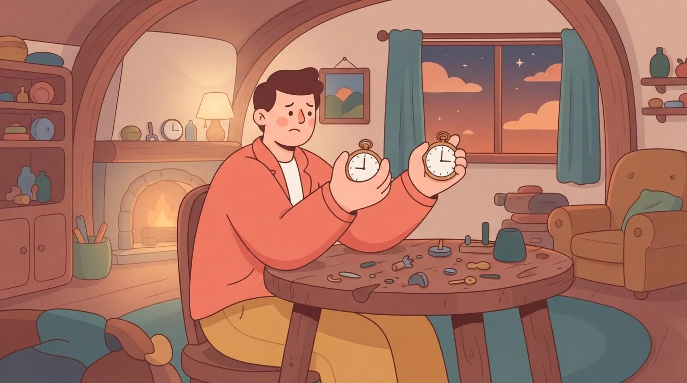 Paragraph 103: A person holding a pocket watch in each hand, looking back and forth between them with a worried expression…