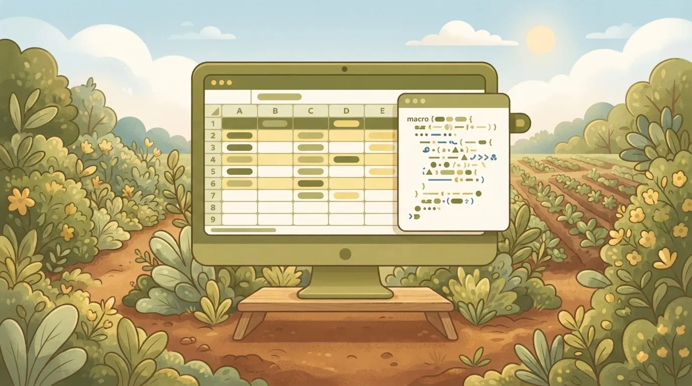 A spreadsheet template displayed on a monitor, with a side panel open showing a hidden macro consisting of several lines of…