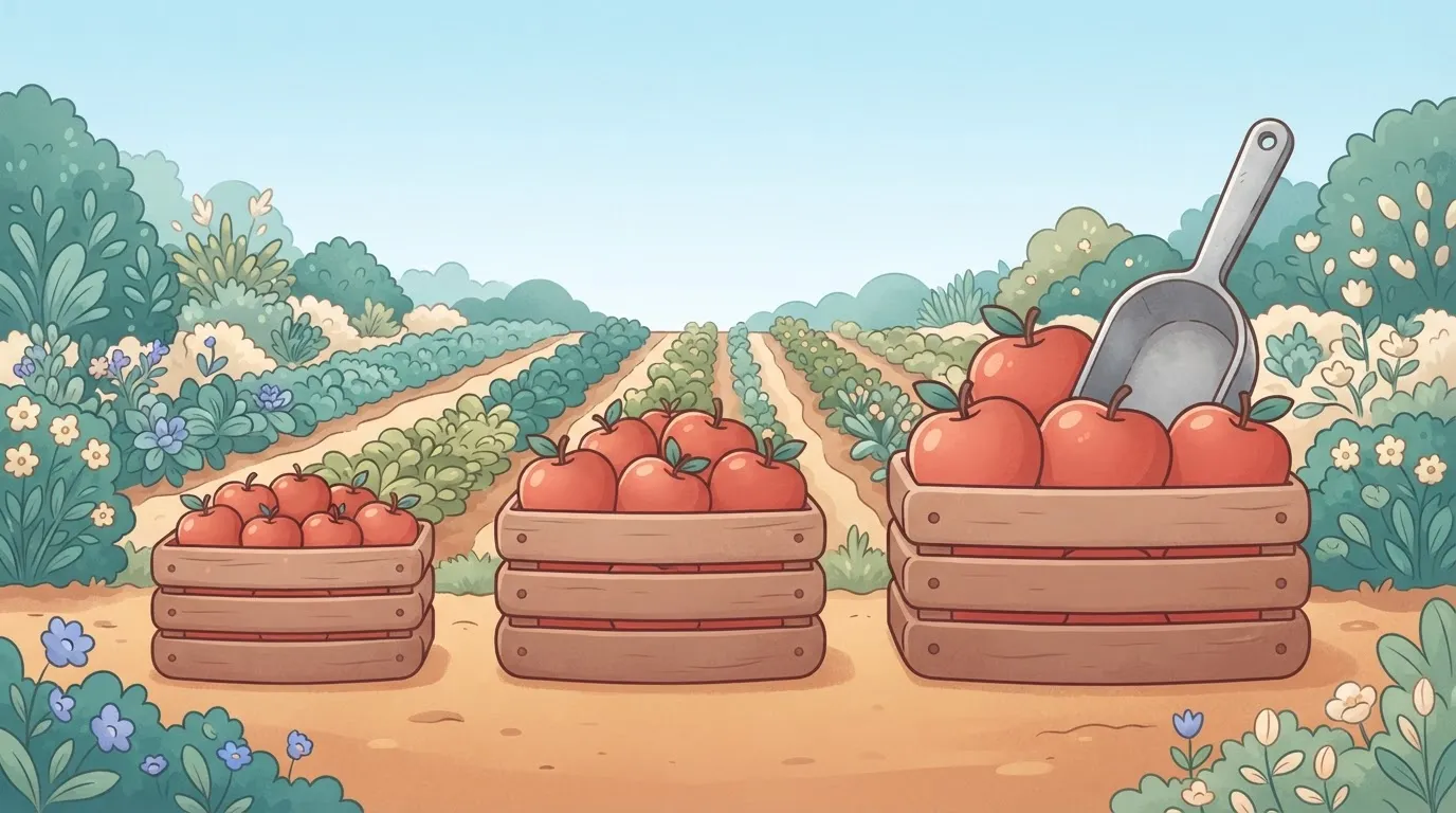 Three crates of apples in increasing size, each looking like the same apples simply scaled up, with only the largest crate…