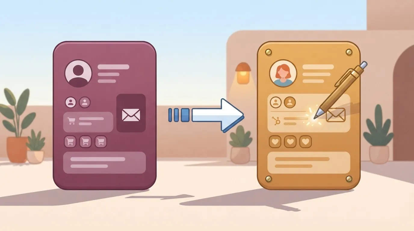 A Shopify customer record and a HubSpot contact record side by side, with a single one-way arrow from Shopify to HubSpot…