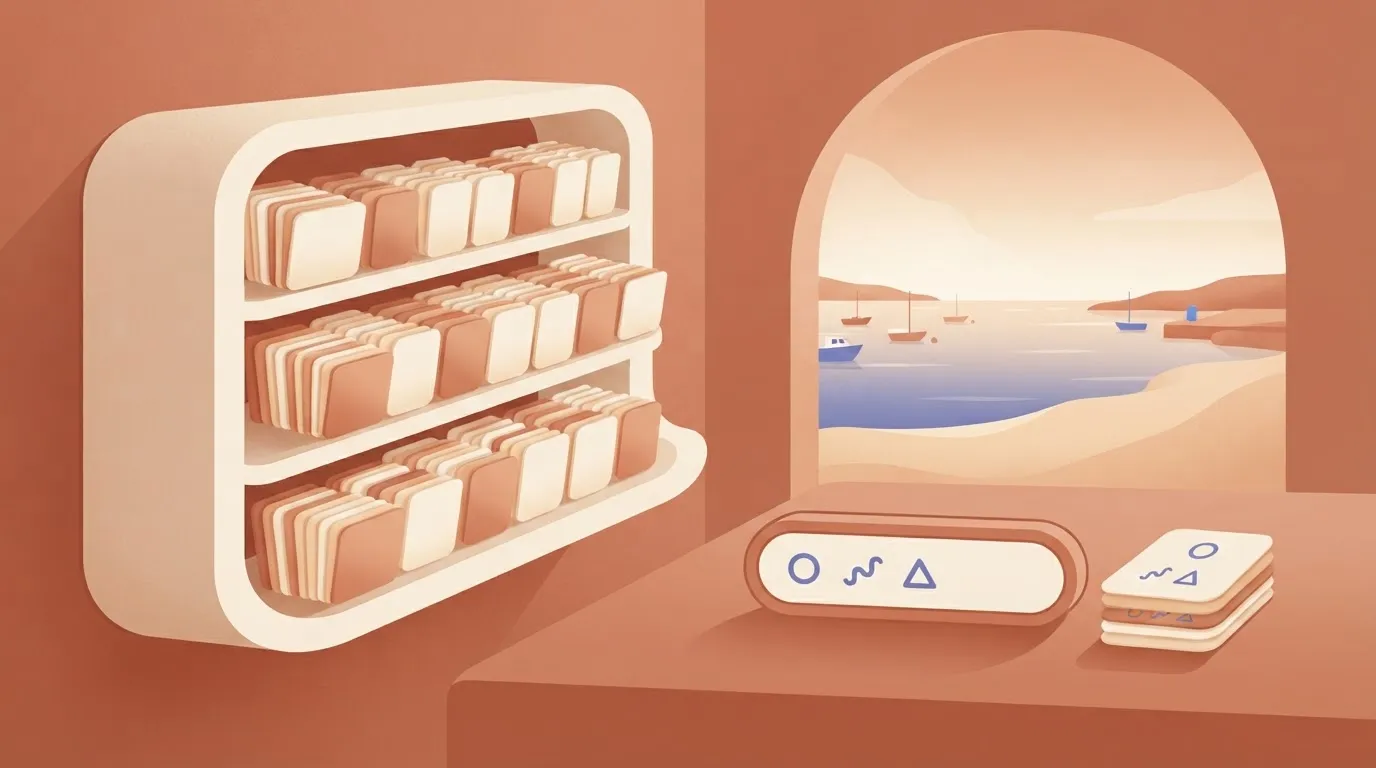 Search box with one request card per keystroke beside a shelf of records