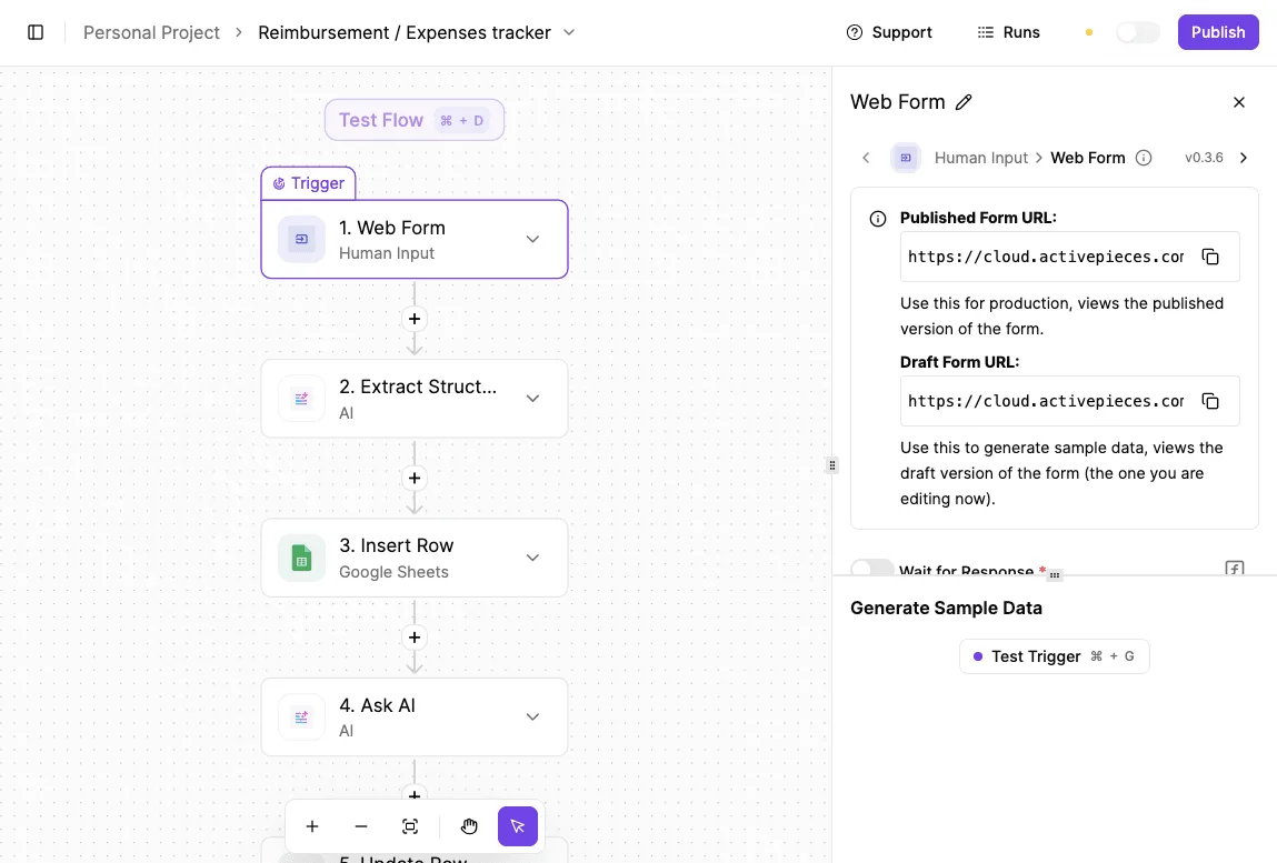 A five-step workflow automation flow for expense tracking with web form input, data extraction, Google Sheets integration…