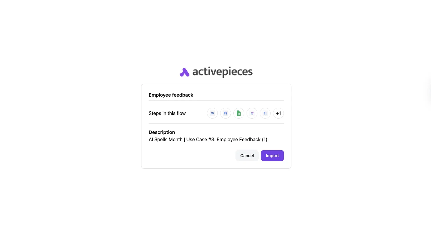 Import dialog for an Employee Feedback workflow template showing integration steps and an Import button.