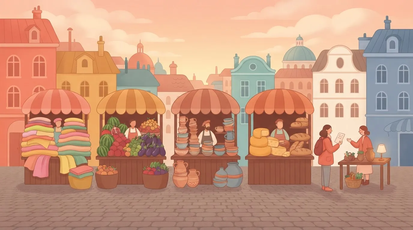 Five market stalls, the last nearly bare