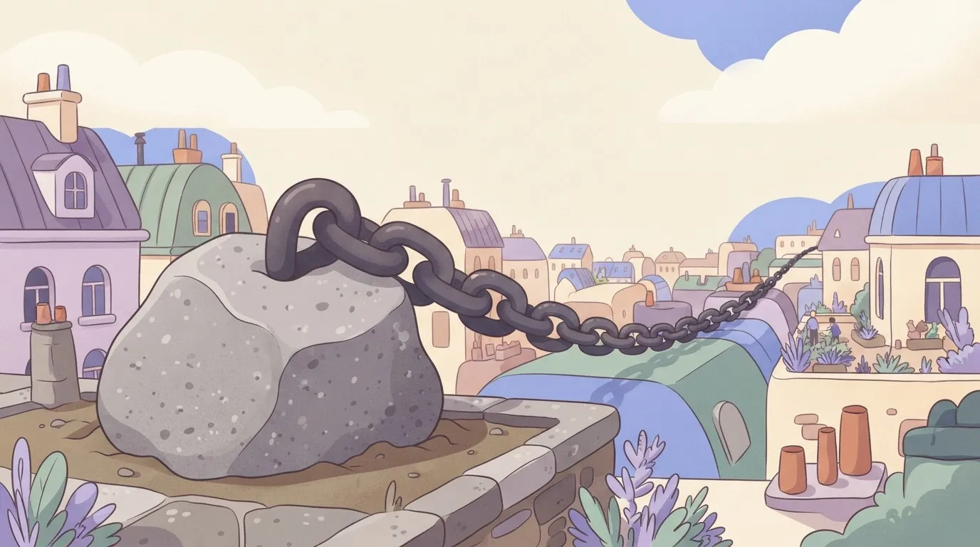 A heavy iron chain stretching into the distance, where the very first link is not connected to another link but is instead…